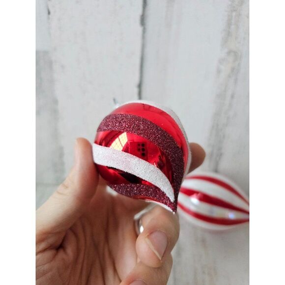 Striped reflector red ornament teardrop ball set lot Xmas tree large - Picture 5 of 13
